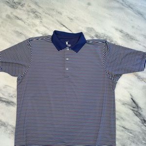 Fairway & Greene Tech Polo in Navy Blue with multi colors stripes size Large.